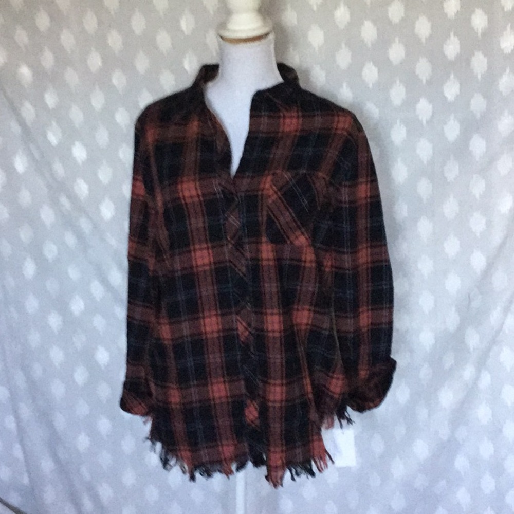 Plaid soft cotton button down frayed hem shirt